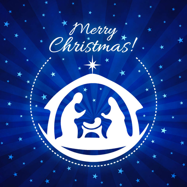Buon Natale sfondo biglietto di auguri con presepe in una palla e sfondo blu - Foto, immagini