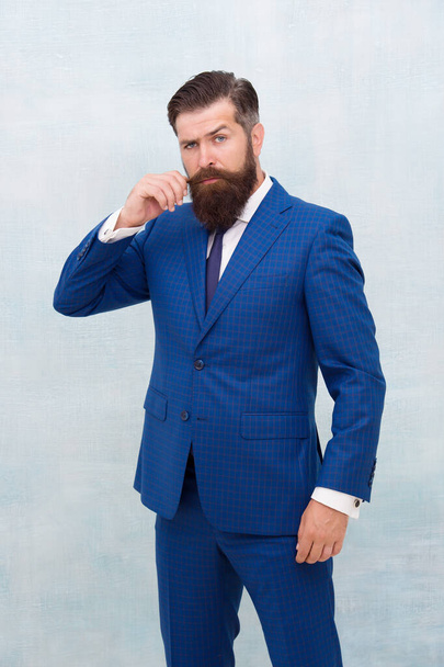 Office style. Business attire. Fashion wardrobe. Menswear store. Get exclusive formalwear. Bearded man blue suit. Mature man in formal style. Fashion look of businessman - Foto, afbeelding