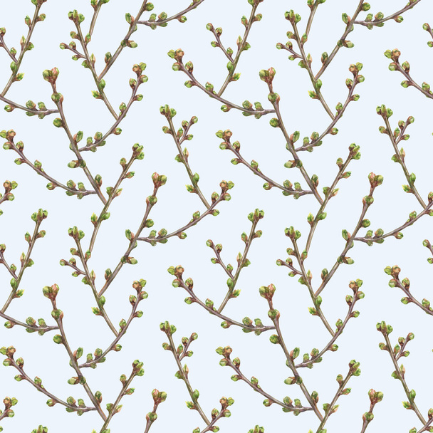 Delicate floral print for fabric, wallpaper or wrapping paper. Watercolor seamless pattern with sprigs of cherries. - Foto, Imagem