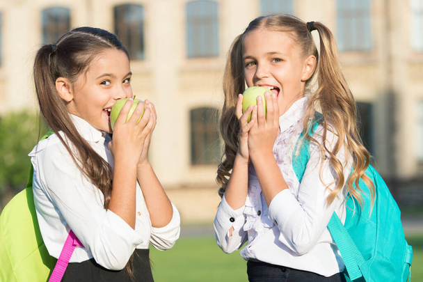 Girls small kids eating apples, school lunch concept - Фото, изображение