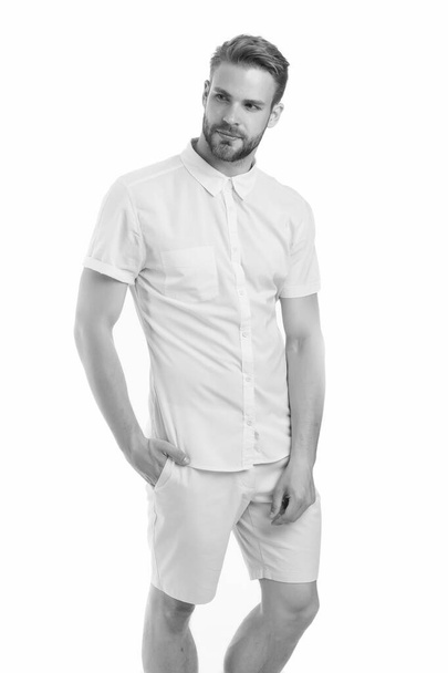 guy standing seriously. man with bristle isolated on white. male beauty and fashion. Handsome man posing. charismatic university student. handsome sexy man. confident young man - Zdjęcie, obraz