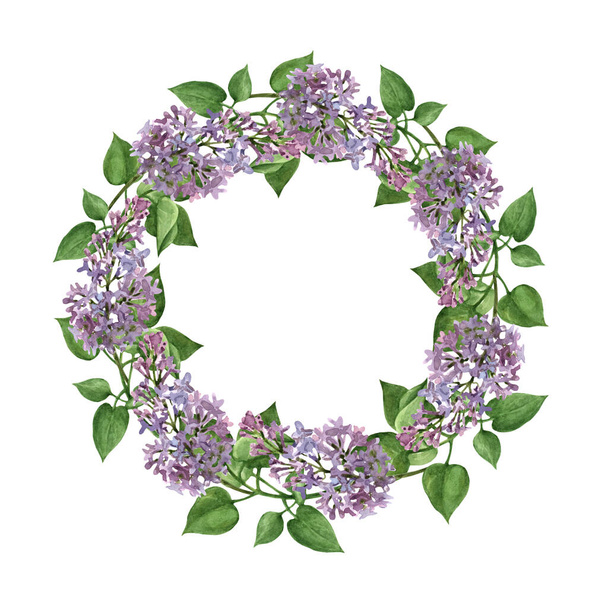 Watercolor wreath of twigs of lilac. Flower banners and tags - for your design and scrapbooking. - Фото, зображення