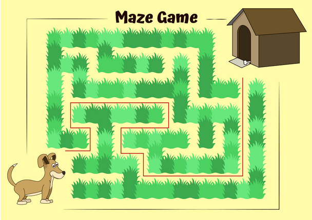 Chien et niche Maze.Jeu éducatif pour les enfants. Aidez le chien à courir vers son chenil - puzzle labyrinthe avec solution - Vecteur, image