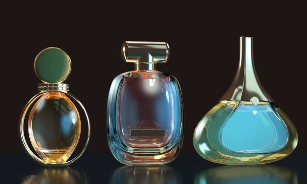 3 boyutlu parfüm şişesi yansımaları ile kapatılıyor. - Fotoğraf, Görsel