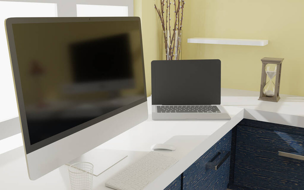Workspace at home with a desktop computer 3d rendering mockup.Modern technology concept . 3d illustration - Foto, afbeelding