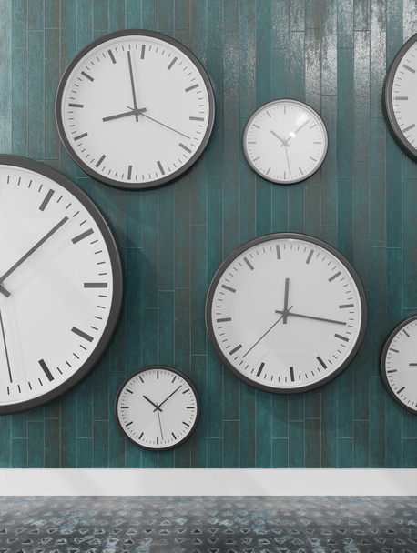 Group of wall clocks in a wooden wall .3d rendering - Photo, Image