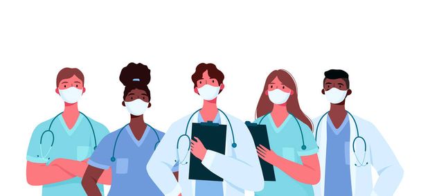 Coronavirus 2019-nCoV. Set of doctors characters in white medical face mask. Stop Coronavirus concept. Medical team doctor nurse therapist surgeon professional hospital workers, group of medics. - Vector, Image