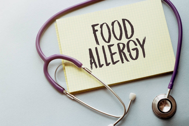 food allergy card and hand with pen of Medical Doctor - Photo, image