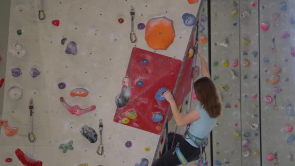 CHIUSURA: Adolescente concentrato sale una via difficile mentre conduce arrampicata indoor. - Filmati, video