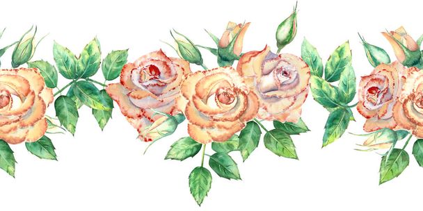 桃のバラ、芽、葉。夏の水平境界線を繰り返します。花の水彩。グリーティングカードや招待状の装飾のための組成物。水彩イラスト. - 写真・画像