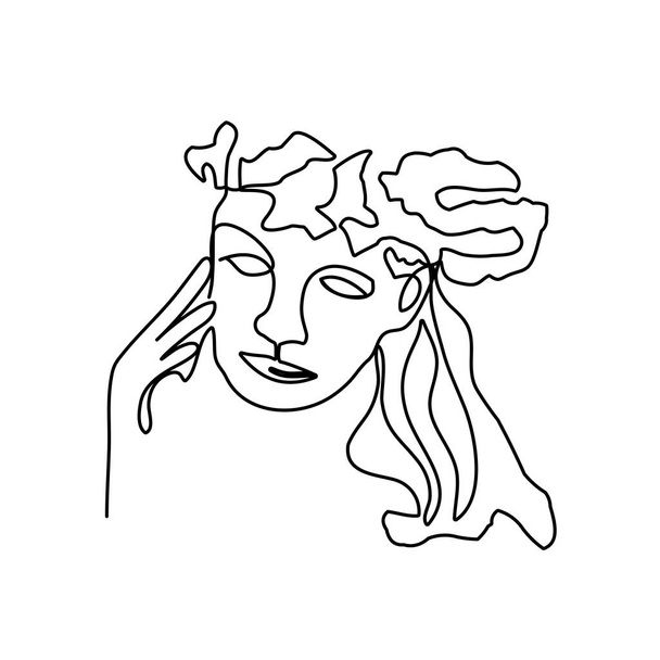 Arte linear de uma cara feminina com uma cobertura para a cabeça. Conceito de moda, minimalismo da beleza feminina. Ilustração vetorial
. - Vetor, Imagem
