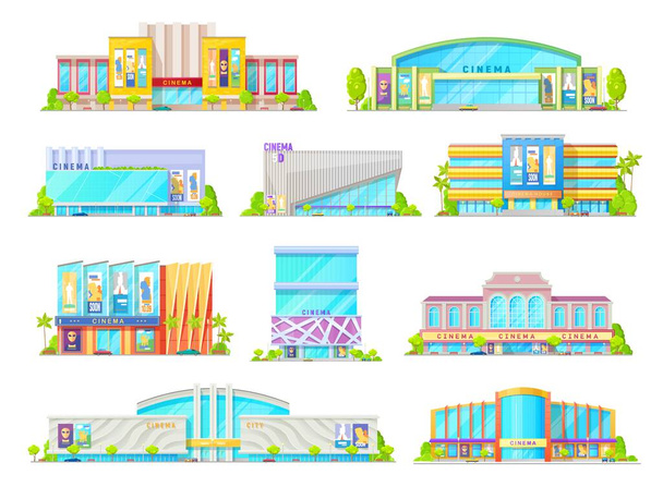 Cinema or movie theater building vector icons of house exterior facades with entrances, marquees, billboards and street with trees, car parking, neon lights. Entertainment industry architecture design - Vector, Image