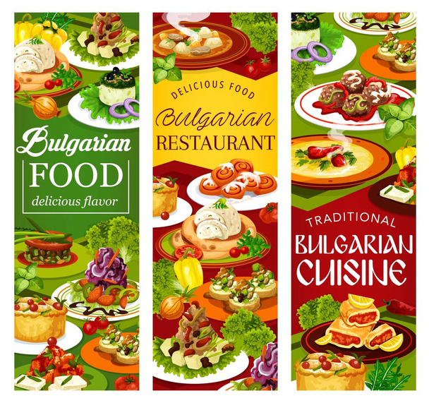 Bulgarian cuisine vegetable and meat food vector banners. Salads and soups with yogurt, cucumber, cabbage and beef, eggplant dip and pepper lutenitsa with bryndza, bread, meatball, rabbit, bun and pie - Vector, Image