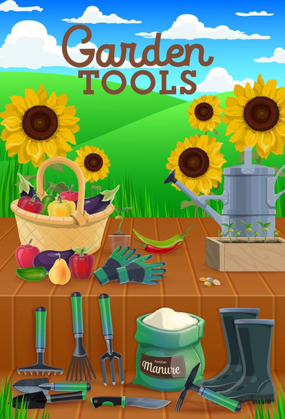 Zahradní nástroje a zeleninový vektor konstrukce zemědělství. Zahradní a farmářská lopata, hrábě a rýči, zavlažovací plechovka, rukavice a boty, vidlička, nůž, sazenice a hnůj se slunečnicemi a trávou - Vektor, obrázek