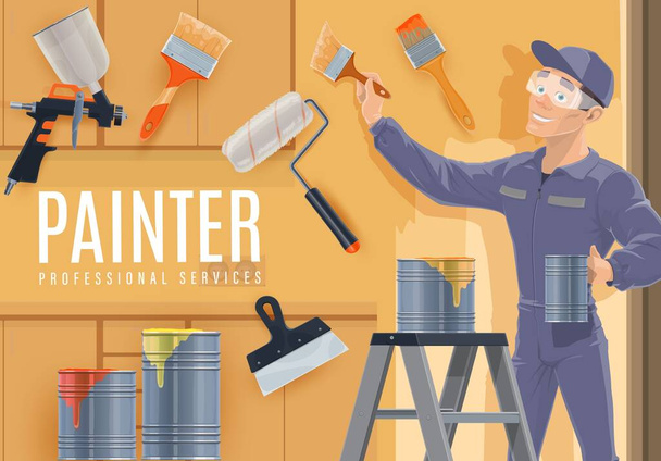 Painter profession vector design of construction industry, house repair or painting service. Cartoon painter painting wall with paint cans, brushes, roller, air spray gun, trowel and step ladder - Vector, Image