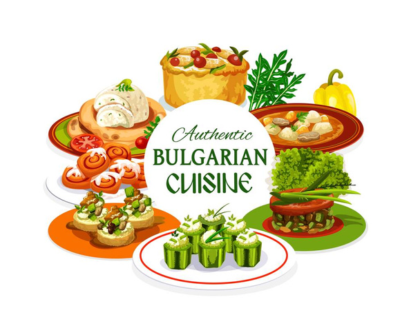 Bulgarische Küche Fleischgerichte mit Gemüsegerichten und Dessert. Vektorsuppe, Auberginen-Dip mit Fladenbrot und Zucchini-Toast, gefüllte Gurken mit Bryndza, Zimtschnecken, Obstkuchen, gebackenes Kaninchen - Vektor, Bild