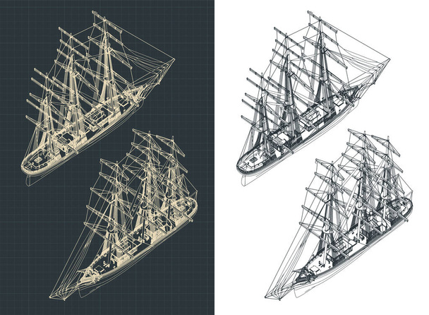 Ilustración vectorial estilizada de un gran velero de tres mástiles dibujos isométricos con las velas hacia abajo
 - Vector, Imagen