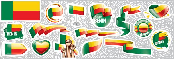 Benin nemzeti zászlójának vektorkészlete különböző kreatív formatervezési mintákban - Vektor, kép