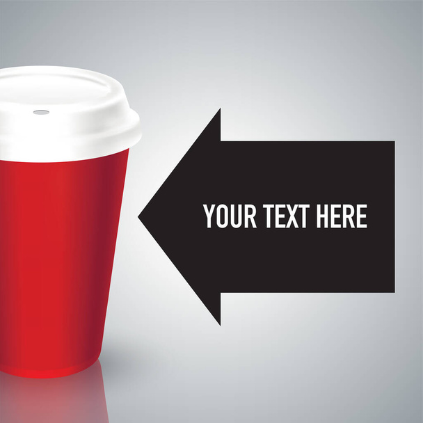 Plastová cedule s červeným šálkem kávy s bílým víčkem a prázdným prostorem pro promo text - Vektor, obrázek