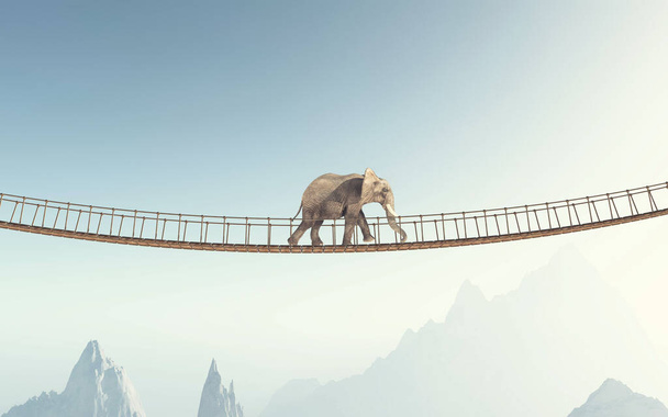 Dağların üstündeki köprüde yürüyen bir fil. Bu 3 boyutlu bir çizim. .  - Fotoğraf, Görsel