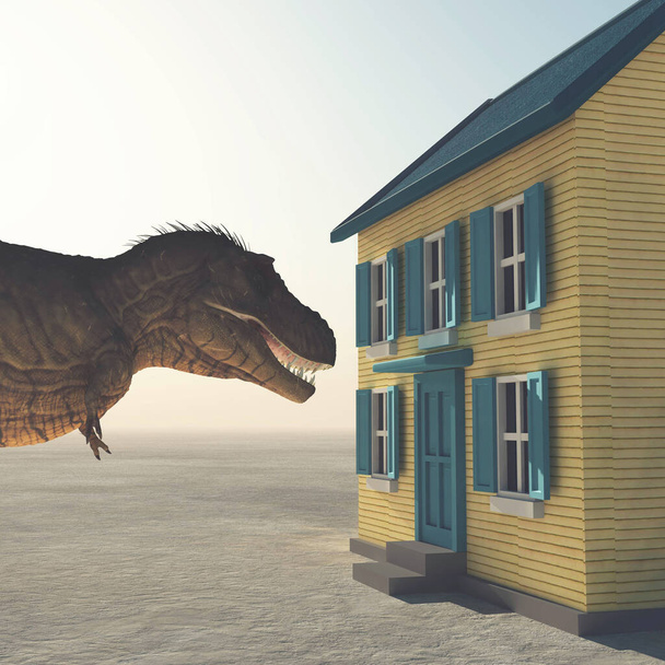 T rex in front of a house . Past due and unpaid bills warning concept . This is a 3d render illustration .  - Photo, Image