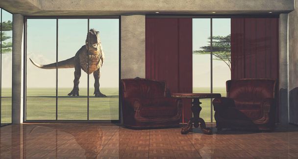 T-Rex seisoo modernin talon edessä. Menneisyyden ja velan käsite. Tämä on 3D-mallinnus .  - Valokuva, kuva
