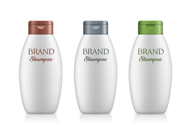 Botella de productos de champú blanco con tapa de colores, colecciones de diseño de plantillas aisladas sobre fondo blanco, ilustración vectorial
 - Vector, imagen