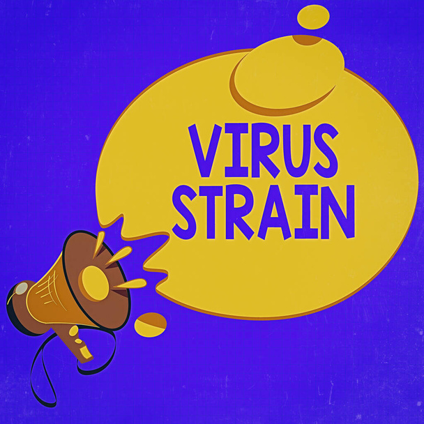 Handwriting text writing Virus Strain. Concept meaning Another genetic variant derived from the original microorganism Megaphone with Sound Effect icon and Blank Round Halftone Thought Bubble. - Photo, Image