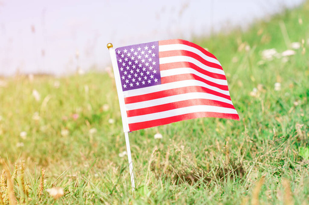 Mała amerykańska flaga na zielonym trawniku o zachodzie słońca. Dzień Pamięci Flagi USA. Koncepcja dnia pracy. Szczęśliwego Dnia Niepodległości - Zdjęcie, obraz