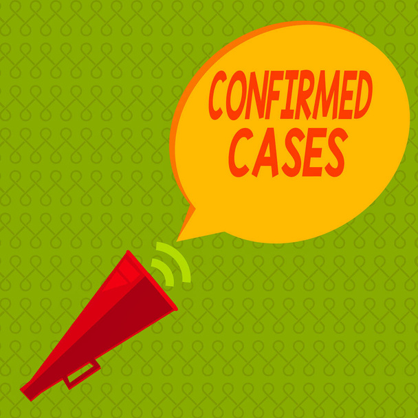 Writing note showing Confirmed Cases. Business photo showcasing set of circumstances or conditions requiring action Piped Megaphone with Sound Effect and Halftone Speech Bubble. - Photo, Image
