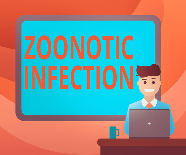 Text sign showing Zoonotic Infection. Conceptual photo communicable disease transmitted by a non viral agent Blank Bordered Board behind Man Sitting Smiling with Laptop Mug on Desk. - Photo, Image