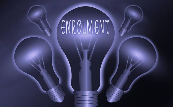 Conceptual hand writing showing Enrolment. Business photo text the act of putting yourself on the official course members list Realistic colored vintage light bulbs, idea sign solution. - Photo, Image