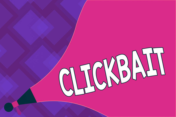 Clickbeatを示すメモを書く。主な目的を示すビジネス写真は、特定のウェブページに注目を集めることですメガホンスピーカーラウドネスサウンド強度とボリュームを拡張する. - 写真・画像
