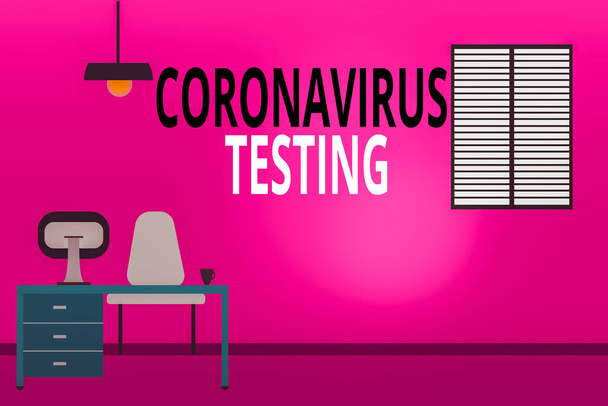 Writing note showing Coronavirus Testing. Business photo showcasing Collection of samples from a viable patient to identify SARSCoV2 Minimalist Interior Computer and Study Area Inside a Room. - Photo, Image
