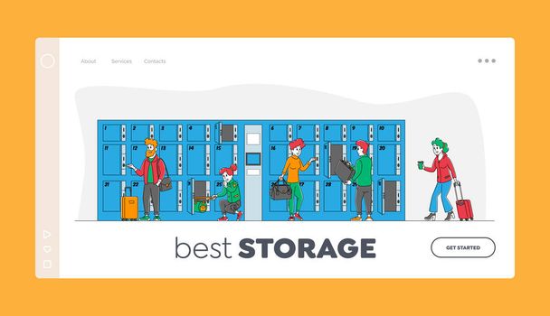 Characters Use Luggage Storage Service Landing Page Template. People Put Bags into Lockers in Airport or Supermarket - Vector, Image