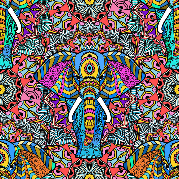 Patrón de elefante Boho. Ilustración vectorial. Diseño floral, mapa dibujado a mano con Elefante ornamental. - Vector, Imagen