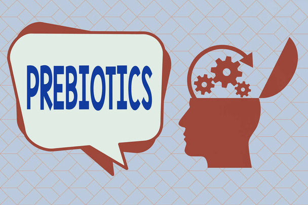 Text sign showing Prebiotics. Conceptual photo the growth or development of beneficial microorganisms in foods Hu analysis Head Silhouette Topside Open with Gears and Blank Halftone Bubble. - Photo, Image