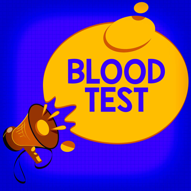 Tekst pisma do testu krwi. Koncepcja oznacza ekstrahowane próbki krwi z organizmu do perfomu analizy laboratoryjnej Megafon z ikoną Efekt dźwiękowy i puste pół tonu Myśl Bubble. - Zdjęcie, obraz