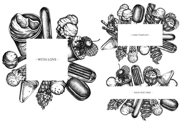 Frames with black and white ice cream bowls, ice cream bucket, popsicle ice cream, ice cream cones - Vektor, obrázek
