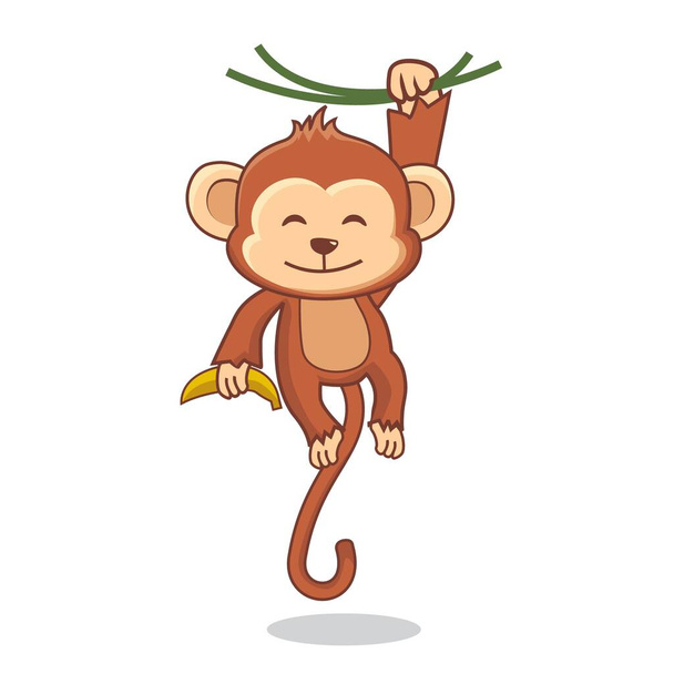 Cute Monkey Hanging Tree Cartoon Illustration - Vector, Image