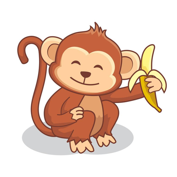 Monkey Cartoon Jedzenie Banan Ilustracja - Wektor, obraz
