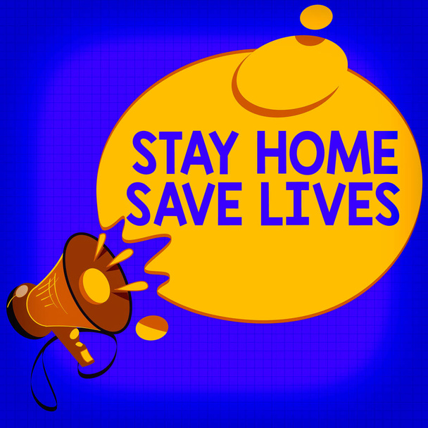 Handschrift tekst schrijven Stay Home Save Lives. Concept betekent het verminderen van het aantal geïnfecteerde patiënten door niet het huis te verlaten Megaphone met Sound Effect icoon en Blanco Ronde Halftone Dacht Bubble. - Foto, afbeelding