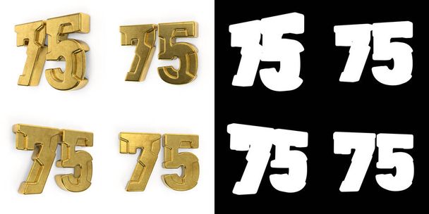 Zestaw złotej cyfry 75 (numer siedemdziesiąt pięć) widok z lewej strony i widok z prawej strony, z kanałem alfa i cieniem na białym tle. 3D ilustracja - Zdjęcie, obraz