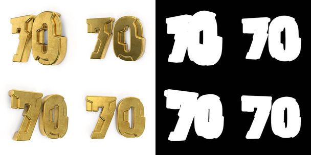 Sada zlatého čísla 70 (číslo sedmdesát) levého bočního pohledu a pravého bočního pohledu s alfa kanálem a stínem na bílém pozadí. 3D ilustrace - Fotografie, Obrázek