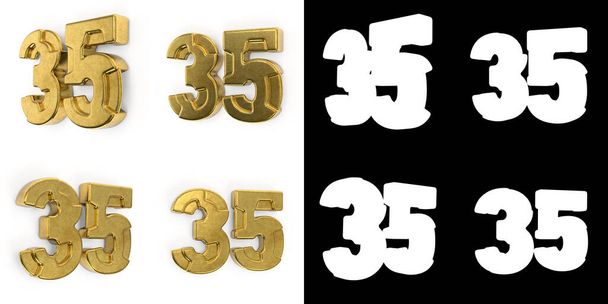 Conjunto de número dourado 35 (número trinta e cinco) vista lateral esquerda e vista lateral direita, com canal alfa e sombra sobre fundo branco. Ilustração 3D
 - Foto, Imagem