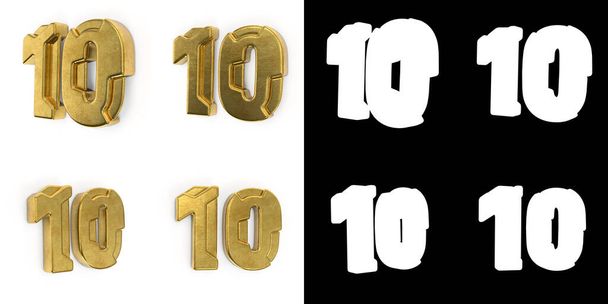 Zestaw złotej cyfry 10 (numer dziesięć) widok z lewej strony i z prawej strony widok, z kanałem alfa i cień na białym tle. 3D ilustracja - Zdjęcie, obraz