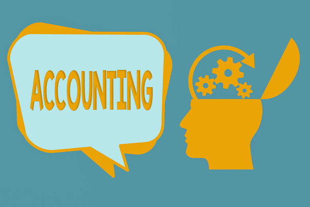 Handwriting text Accounting. Concept meaning the documentation of financial transactions relating to a company Hu analysis Head Silhouette Topside Open with Gears and Blank Halftone Bubble. - Photo, Image