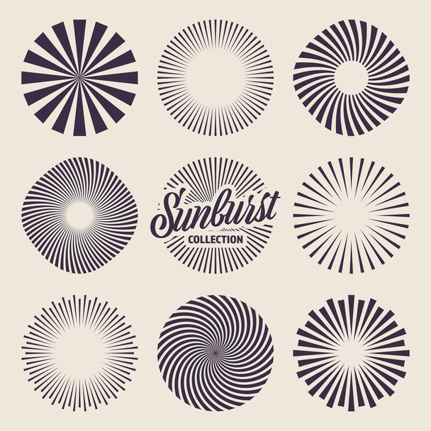 Collezione Vintage Sunburst. Raggi di sole che scoppiano. Fuochi artificiali. Raggi di tramonto radiali. Illustrazione vettoriale. - Vettoriali, immagini