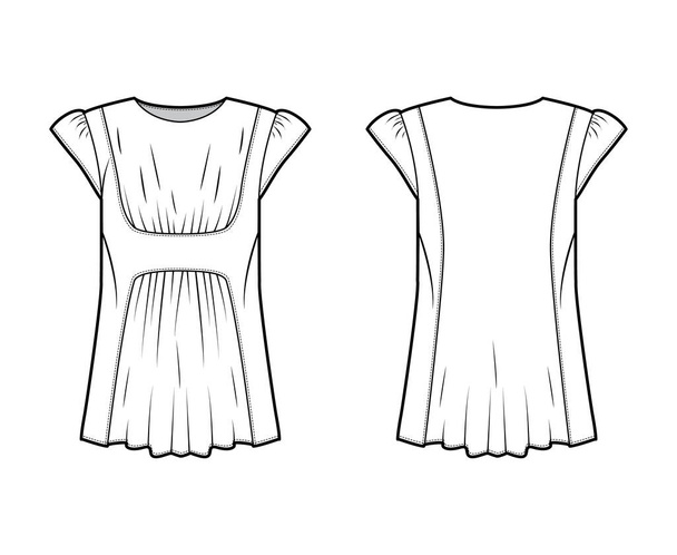 Ilustración técnica de la moda de la blusa con el cuerpo de gran tamaño, frente y espalda reunidos, efecto plisado, manga corta, gorra
 - Vector, imagen