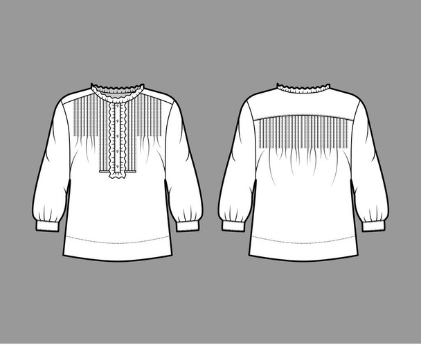 Hemdtechnische Modeillustration mit übergroßem Körper, verdeckten Knopfverschlüssen an der Vorderseite, zarten Rüschen - Vektor, Bild